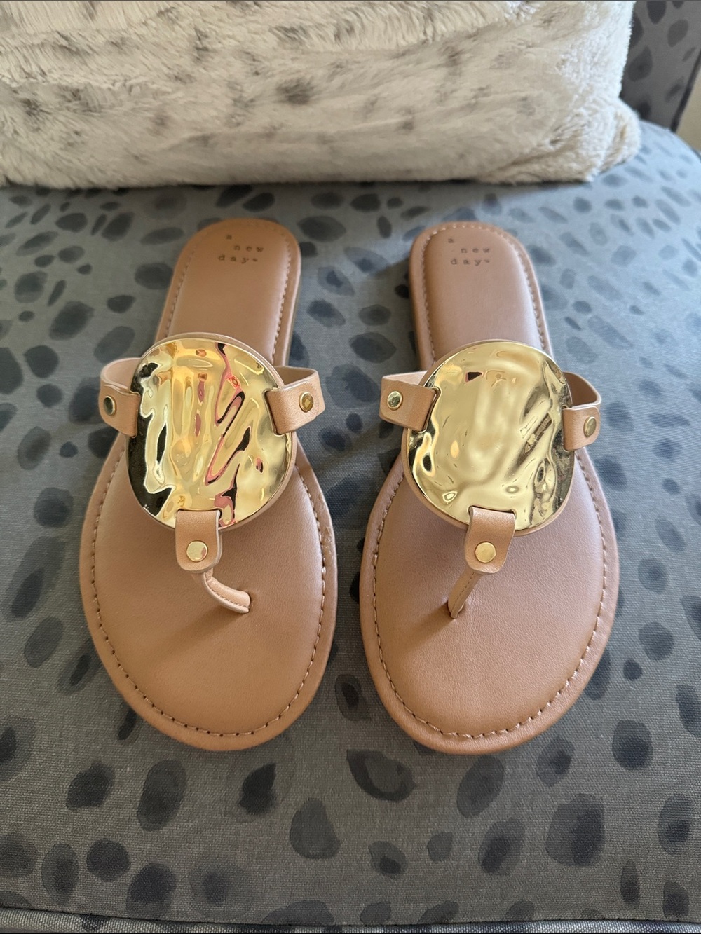 Brand New “A New Day” Tan Leather Thong Sandals with Gold Accent